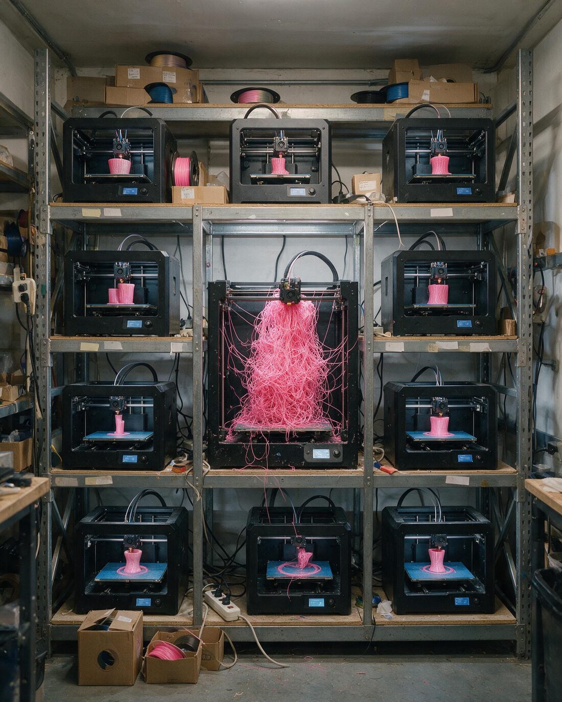 A rack of 3D printers running as a print farm, with one machine full of failed pink filament